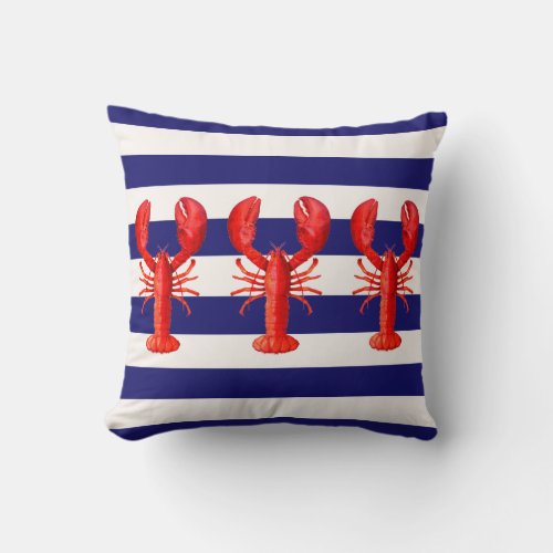 Red lobsters blue white nautical stripes throw pillow