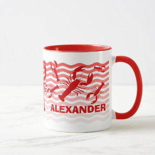 Red lobsters in red waves, fun mug