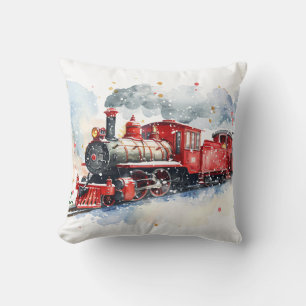 Red Locomotive In Winter Throw Pillow