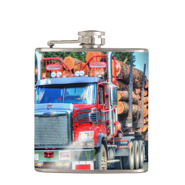 Red Logging Truck Highway Driving Art Truckers Flask (Front)