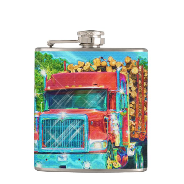 Red Logging Truck Highway Driving Art Truckers Flask (Front)