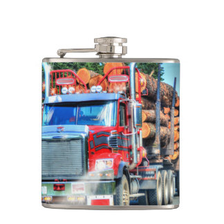Red Logging Truck Highway Driving Trucker Art Hip Flask