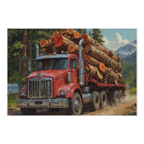 Red Logging Truck in the Mountains Poster