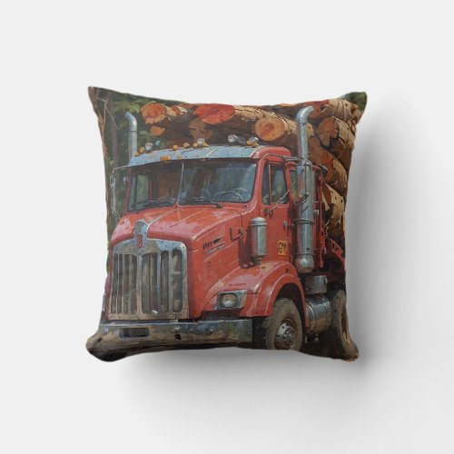 Red Logging Truck in the Mountains Throw Pillow
