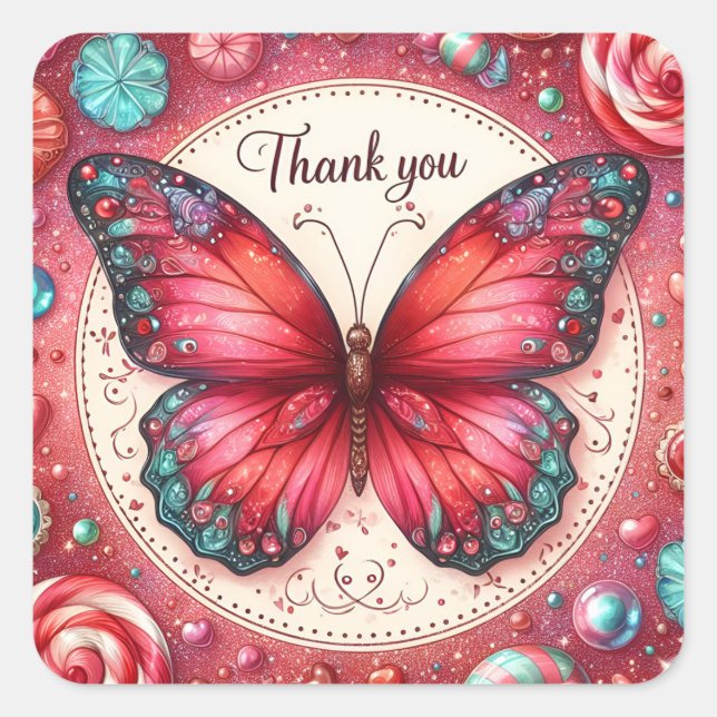 Red Lollipop Candy Butterfly - Thank you - Square Sticker (Front)