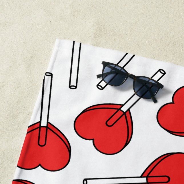 Red Lollipops, Heart Lollipops, Lollipop Pattern Beach Towel (In Situ)