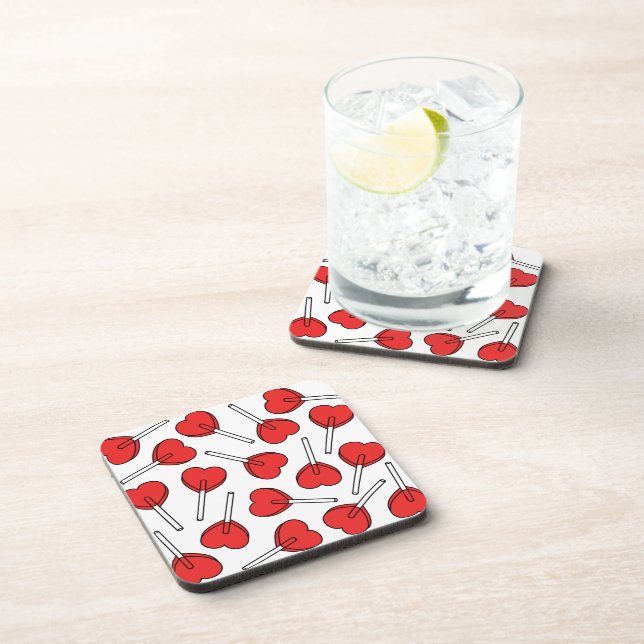 Red Lollipops, Heart Lollipops, Lollipop Pattern Beverage Coaster (Right Side)
