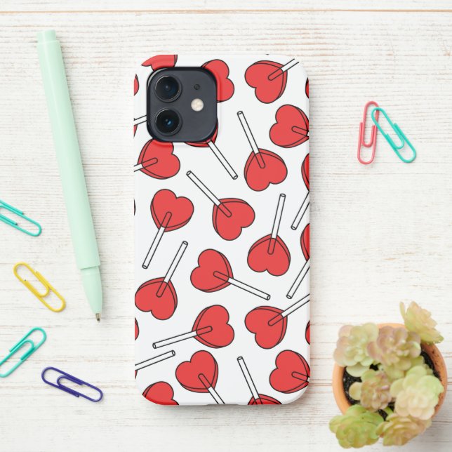 Red Lollipops, Heart Lollipops, Lollipop Pattern iPhone Case (On Desk)