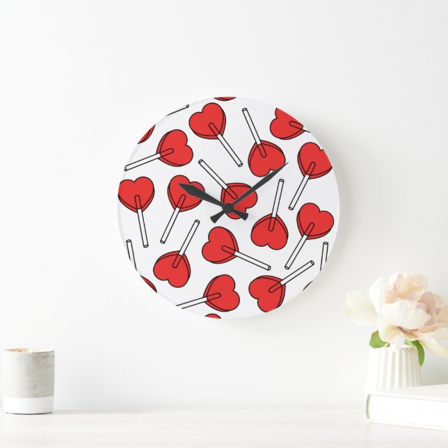 Red Lollipops, Heart Lollipops, Lollipop Pattern Large Clock (Home)