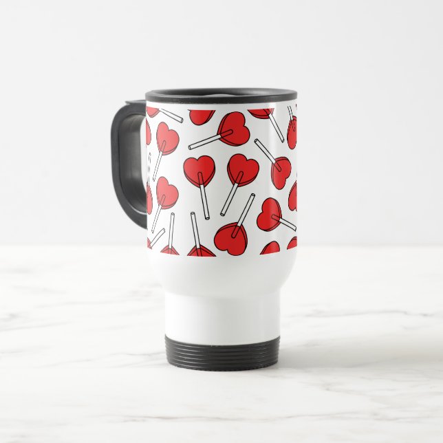 Red Lollipops, Heart Lollipops, Lollipop Pattern Travel Mug (Front Left)