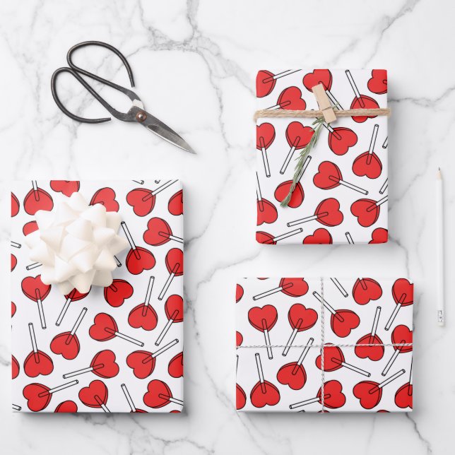 Red Lollipops, Heart Lollipops, Lollipop Pattern Wrapping Paper Sheets (Front)