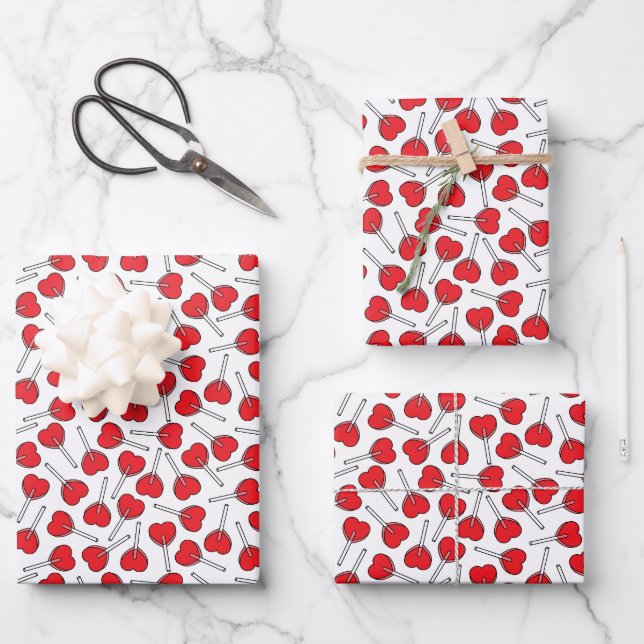 Red Lollipops, Heart Lollipops, Lollipop Pattern Wrapping Paper Sheets (Front)