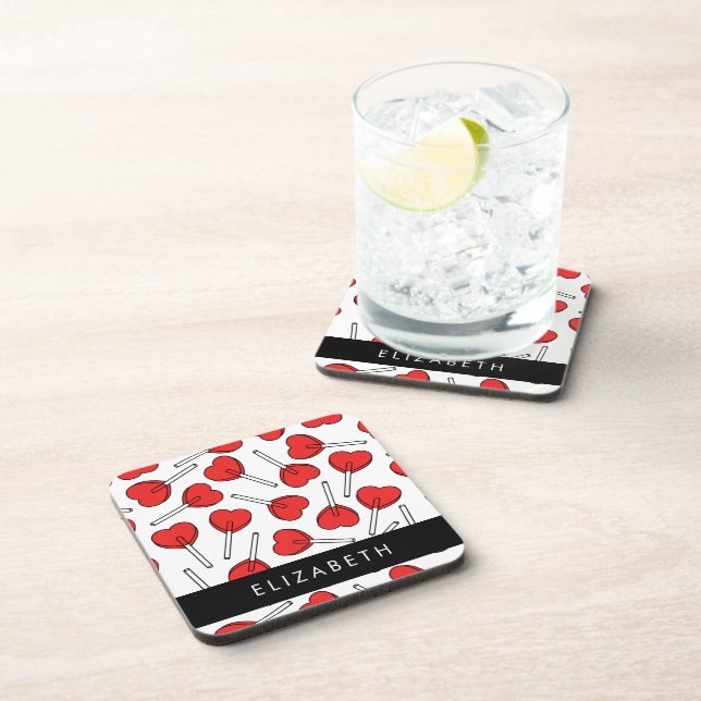 Red Lollipops, Heart Lollipops, Lolly, Your Name Beverage Coaster (Right Side)