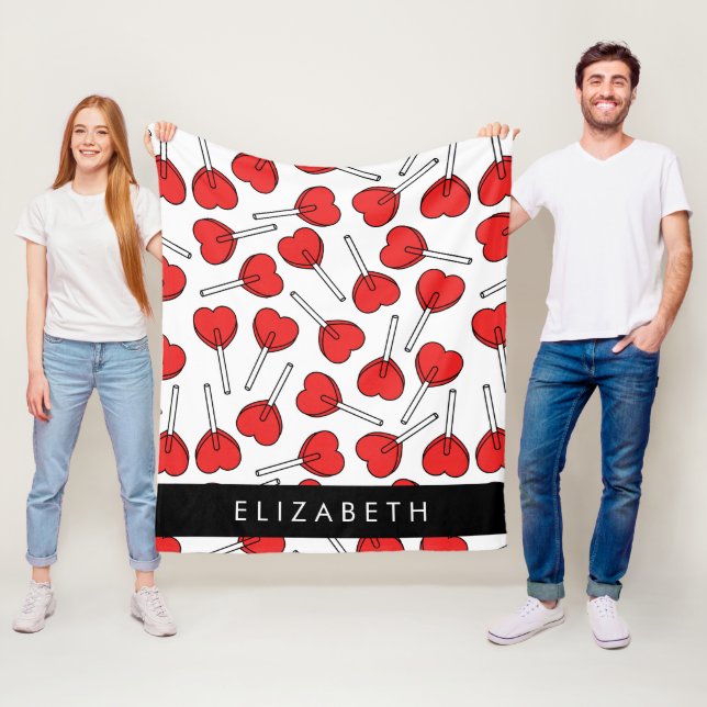 Red Lollipops, Heart Lollipops, Lolly, Your Name Fleece Blanket (In Situ)