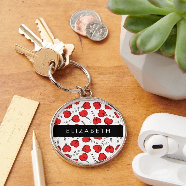 Red Lollipops, Heart Lollipops, Lolly, Your Name Keychain (Desk)
