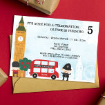 Red London Bus & Clock Tower Kids Birthday Invitation<br><div class="desc">This is a cute London themed birthday invitation with a clock tower, red double decker London bus and other cute accents. There is a blue watercolor abstract background with images of fireworks and a ferris wheel in white. The age on the upper right corner is customizable. The red bus has...</div>