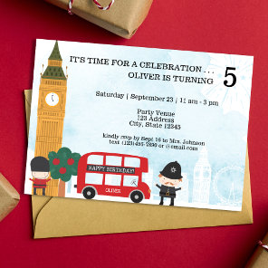 Red London Bus & Clock Tower Kids Birthday Invitation
