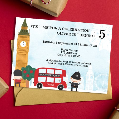 Red London Bus  Clock Tower Kids Birthday Invitation