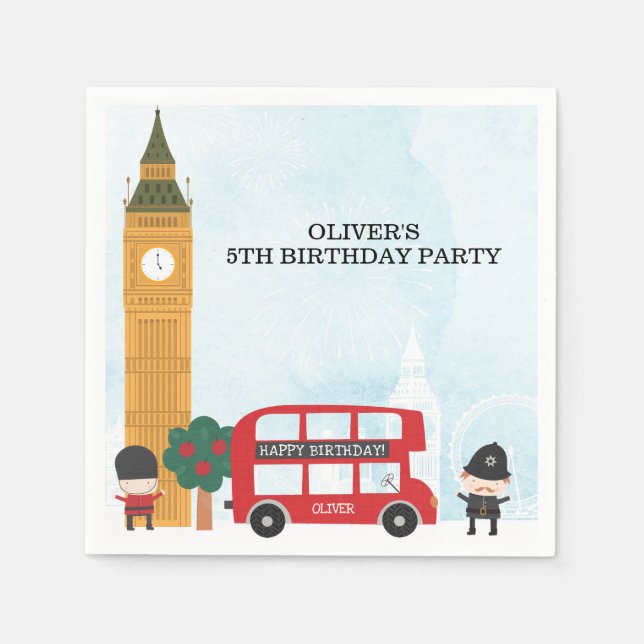 Red London Bus & Clock Tower Kids Birthday Party Napkins (Front)