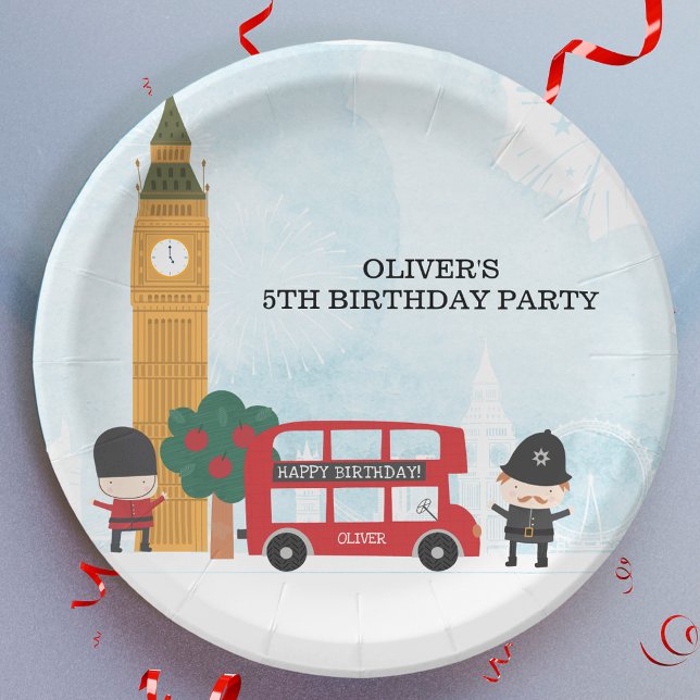 Red London Bus & Clock Tower Kids Birthday Party Paper Plates (Creator Uploaded)