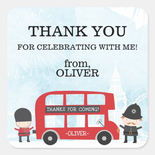 Red London Bus Kids Bday Party Thank You Favor Square Sticker (Front)