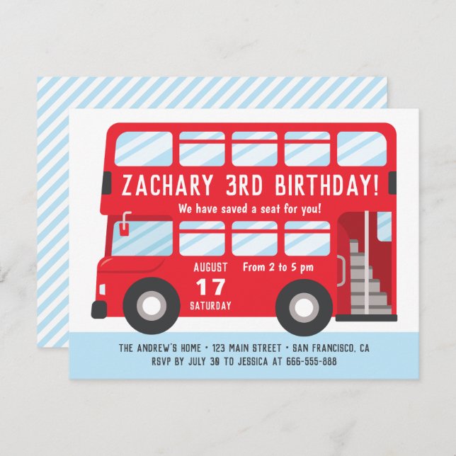 Red London Bus Kids Birthday Party Invitation (Front/Back)