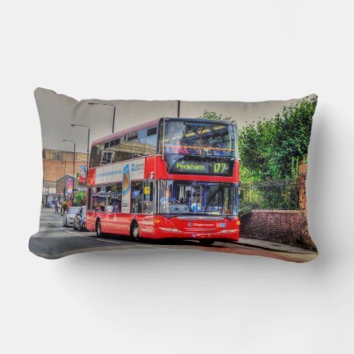 Red London Bus Street Scene Artwork III Lumbar Pillow