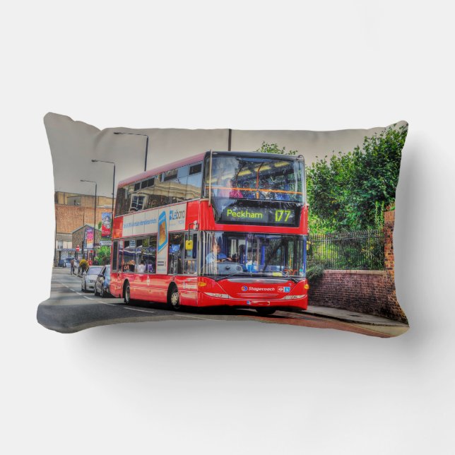 Red London Bus Street Scene Artwork III Lumbar Pillow (Front)
