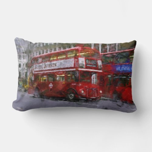 Red London Bus Street Scene Artwork Lumbar Pillow