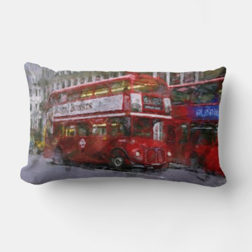 Red London Bus Street Scene Artwork Lumbar Pillow