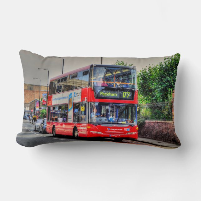 Red London Bus Street Scene Photo Artwork III Lumbar Pillow (Front)