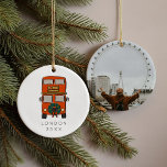 Red London Double Decker Bus Christmas Photo  Ceramic Ornament<br><div class="desc">Whimsical Christmas tree ornament featuring a London double decker bus illustration with a Christmas wreath as a special festive touch. Turn it over and add your favorite photo from your London trip as a special momento! Original art and design by Annie Montgomery Design.</div>