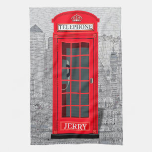 Red London Phone Booth Skyline Kitchen Towel