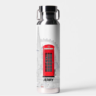 Red London Phone Booth Skyline Water Bottle