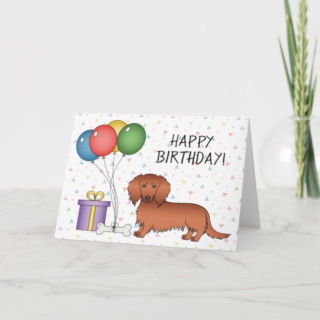 Red Long Coat Dachshund Cartoon Dog Happy Birthday Card (Front)