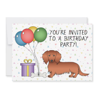 Red Long Hair Dachshund Cartoon Dog Birthday Party Invitation