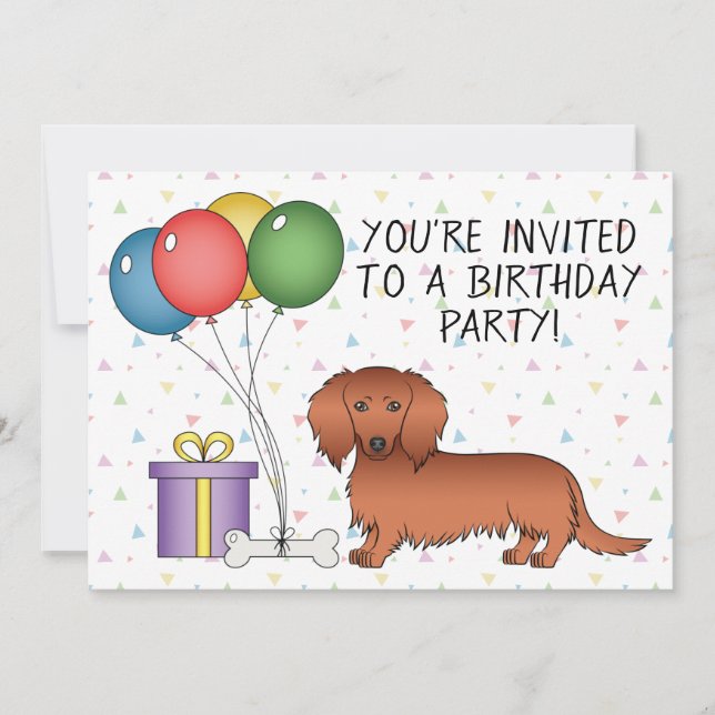 Red Long Hair Dachshund Cartoon Dog Birthday Party Invitation (Front)