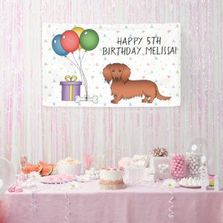 Red Long Hair Dachshund Cartoon Dog Happy Birthday Banner
