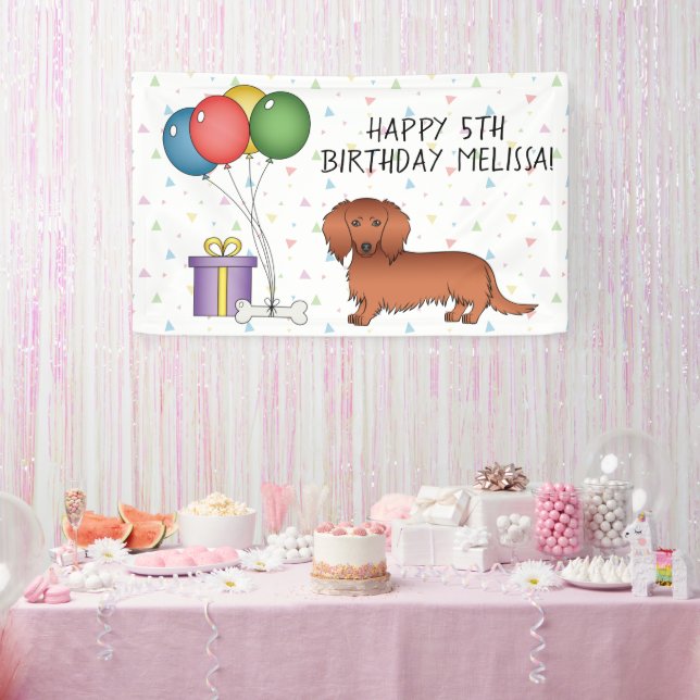 Red Long Hair Dachshund Cartoon Dog Happy Birthday Banner (Party)