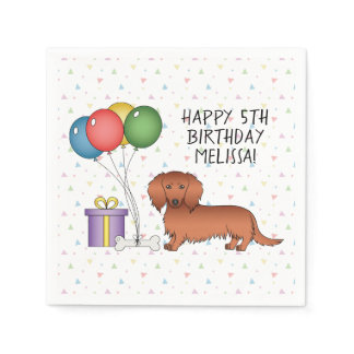Red Long Hair Dachshund Cartoon Dog Happy Birthday Napkins