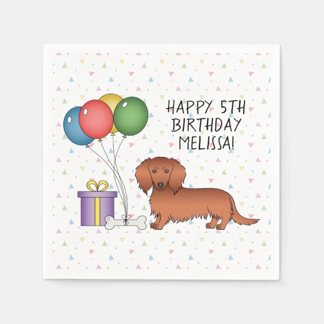 Red Long Hair Dachshund Cartoon Dog Happy Birthday Napkins (Front)