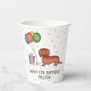 Red Long Hair Dachshund Cartoon Dog Happy Birthday Paper Cups