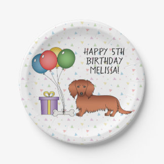 Red Long Hair Dachshund Cartoon Dog Happy Birthday Paper Plates