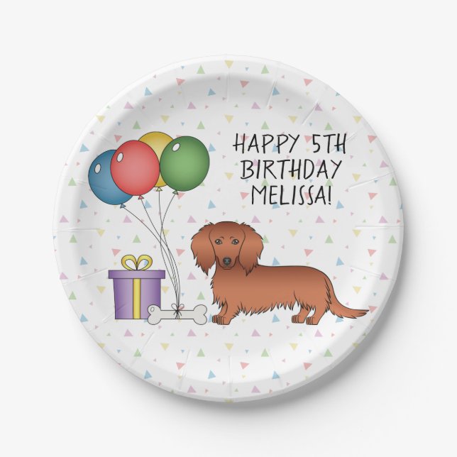 Red Long Hair Dachshund Cartoon Dog Happy Birthday Paper Plates (Front)