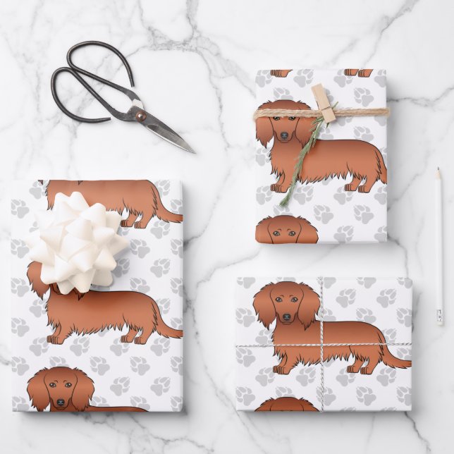 Red Long Hair Dachshund Cartoon Dog Pattern & Paws Wrapping Paper Sheets (Front)