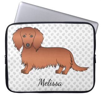 Red Long Hair Dachshund Cartoon Dog &amp; Text Laptop Sleeve