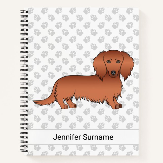 Red Long Hair Dachshund Cartoon Dog & Text Notebook (Front)