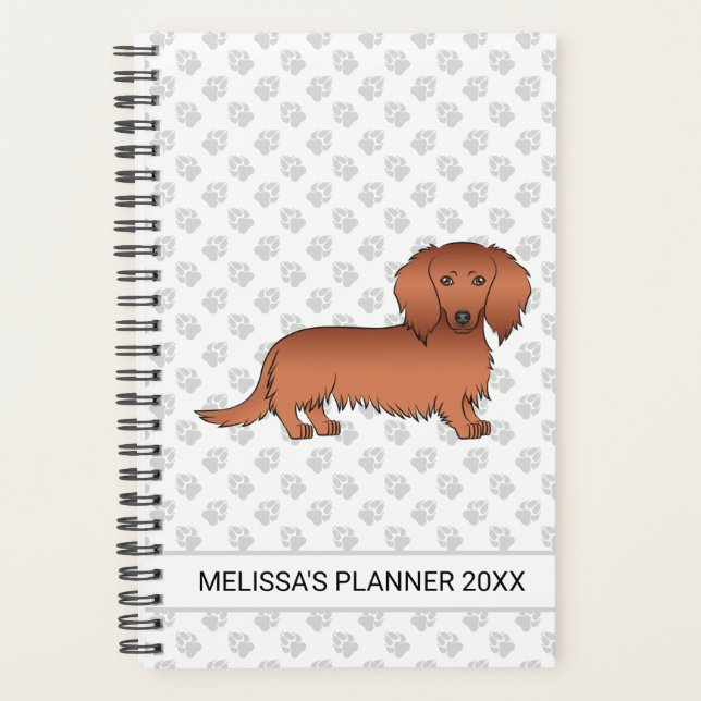 Red Long Hair Dachshund Cartoon Dog & Text Planner (Front)