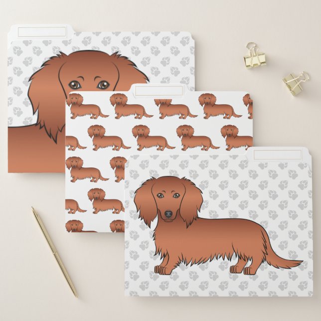 Red Long Hair Dachshund Cute Cartoon Dog File Folder (Set)