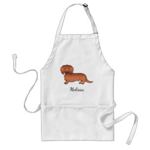 Red Long Hair Dachshund Cute Cartoon Dog & Name Adult Apron